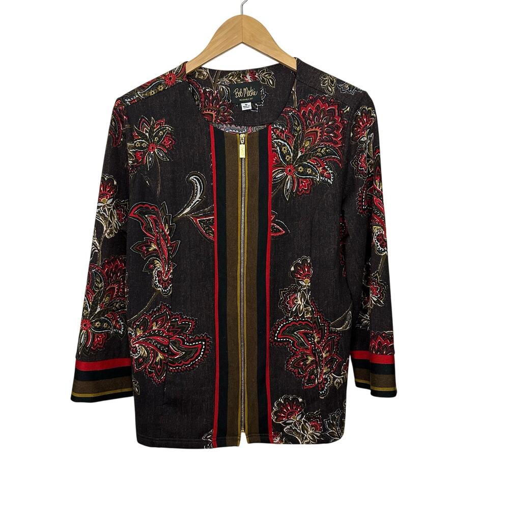 Bob‎ Mackie Full Zip Cardigan Womens Medium Jacket Dark Floral Gold Tone Accents